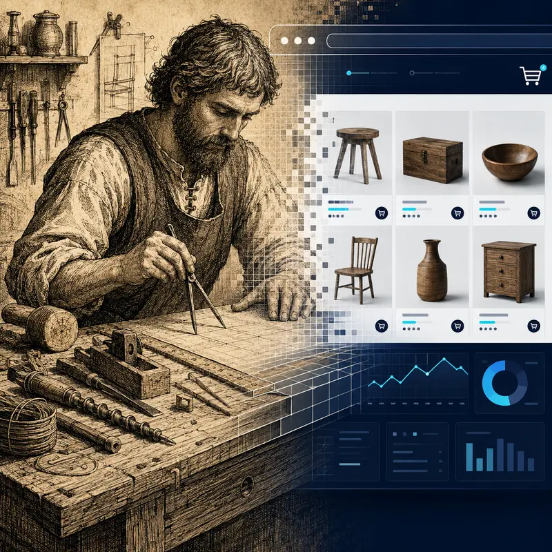 Illustration d'un artisan médiéval travaillant devant une interface e-commerce moderne