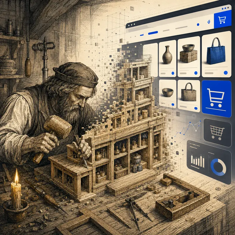Illustration d'un artisan médiéval fabriquant une boutique e-commerce numérique